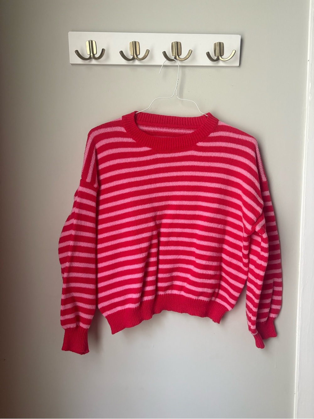 Women's Red & Pink Striped Crewneck Sweater
